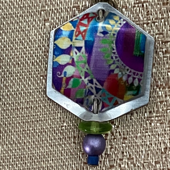 Handmade Colorful Hexagon Earrings 3/4” W, 1 1/8”L - Picture 3 of 5